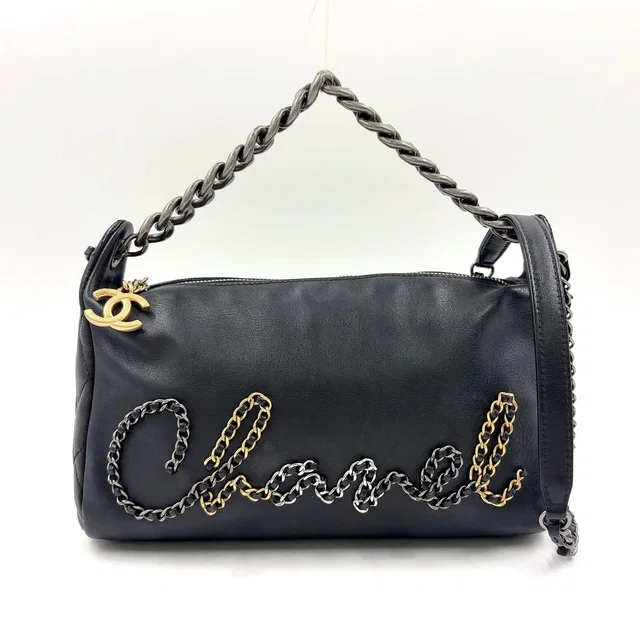 Chanel Logo Mark Leather Black Shoulder Bag Silver in Black Leather from The Reluxe