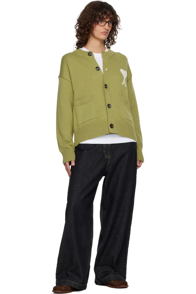 AMI Paris Green Wool Crewneck Ami de Coeur Cardigan, photo 4 of 4 from SSENSE