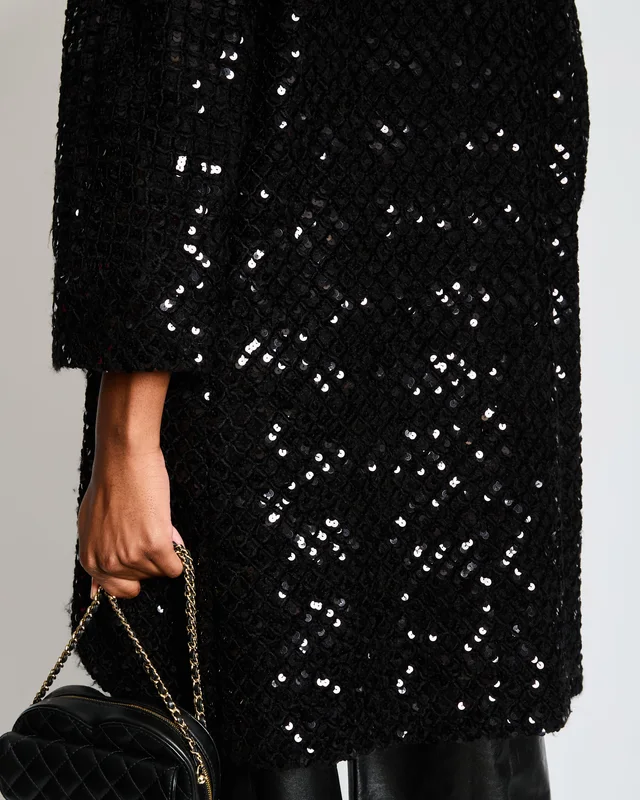 Chanel Fall 2014 Black Tweed and Sequin Knee Length Jacket with Collar and Camellia Detail Buttons… in Black Tweed from Sellier, photo 2 of 2