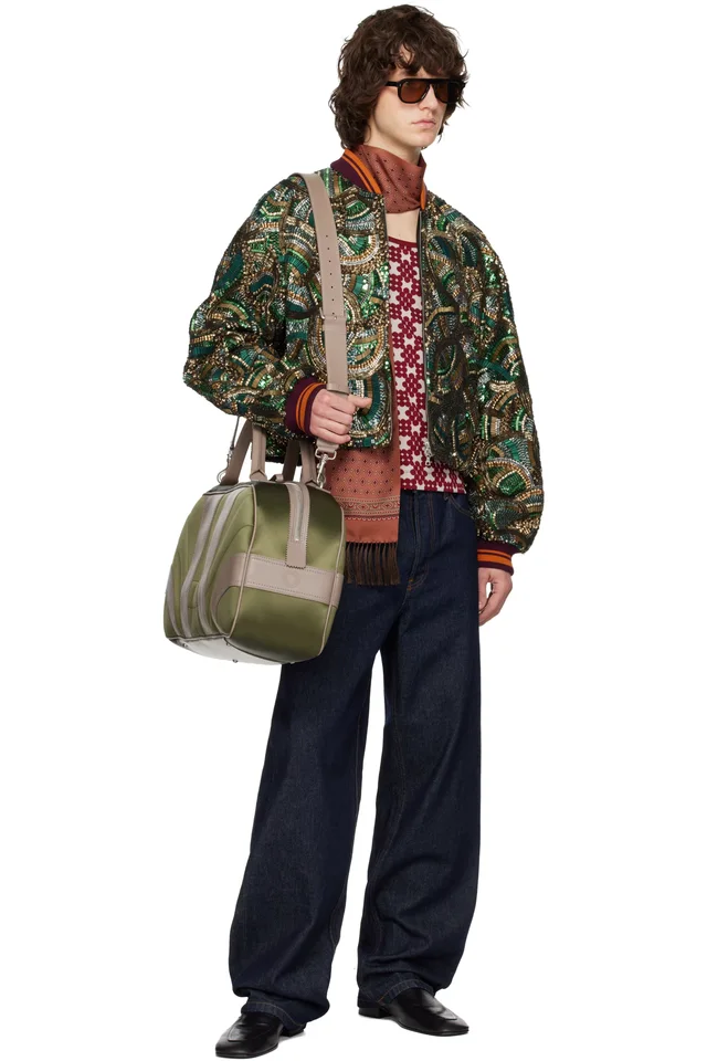 Dries Van Noten Green & Taupe Satin Weekend Bag, photo 4 of 4 from SSENSE