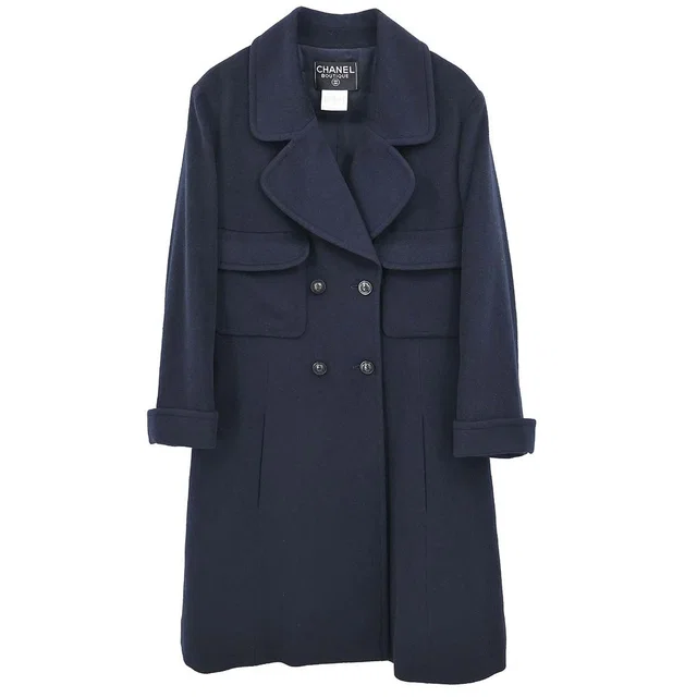 Chanel 1997AW Cashmere Coat Navy #38 in Navy Cashmere from AMORE Vintage Tokyo