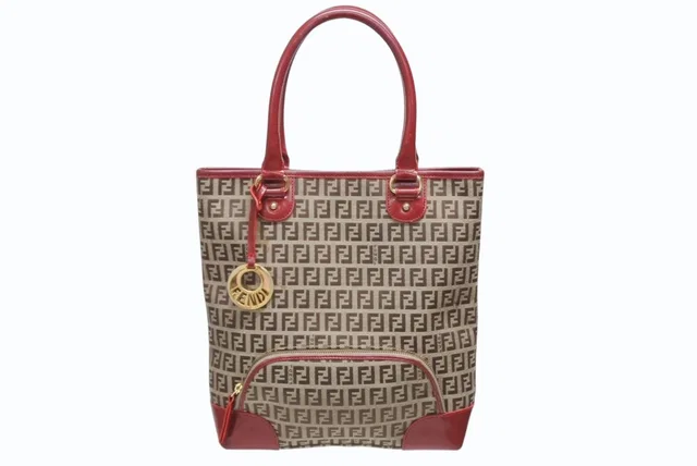 Fendi Zucchino Tote Bag Leather Canvas Beige Red Gold in Beige Canvas from The Reluxe