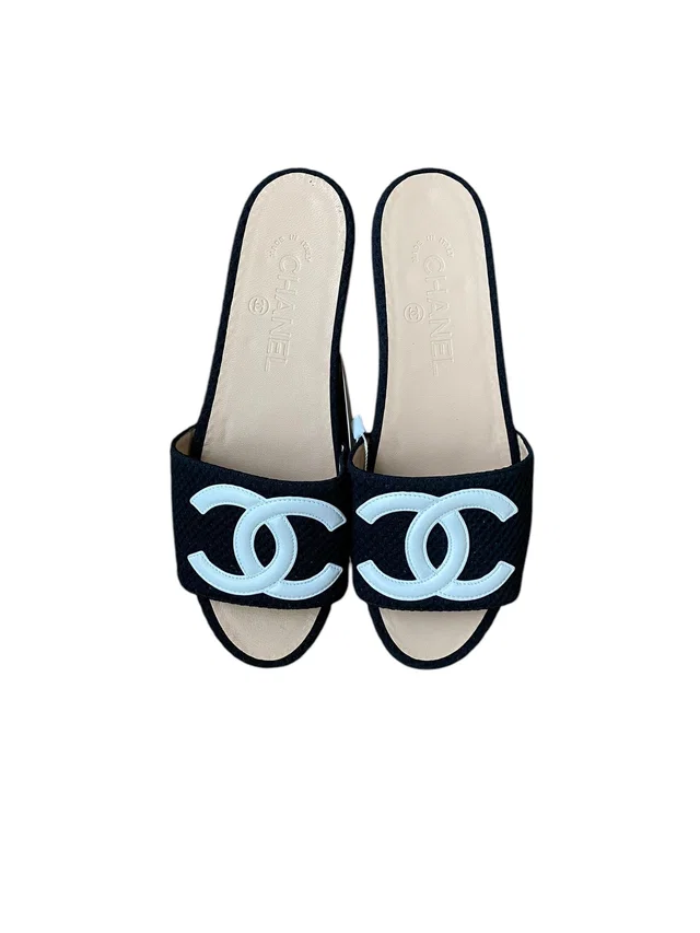 Chanel Big CC Logo Sandals Black White in Black Leather from Luxury Promise