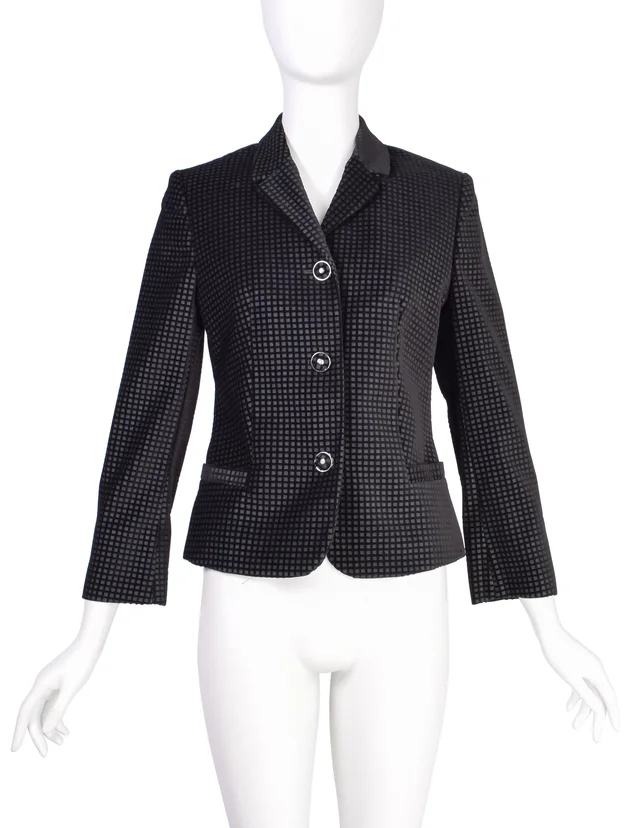 Versace Vintage 1990s Grid Print Black Velvet Blazer Jacket in Black Velvet from Amarcord Vintage Fashion
