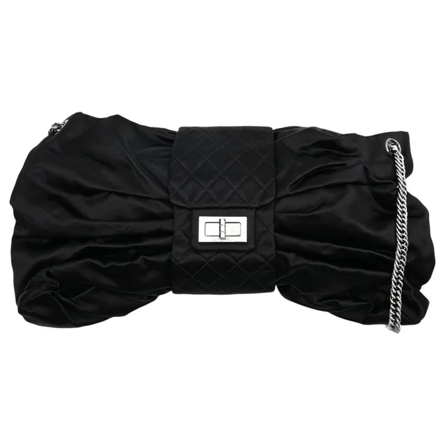 Chanel 2.55 Silk Satin Ribbon Chain Shoulder Bag, Black, circa 2008 in Black Satin from VINTAGE QOO TOKYO