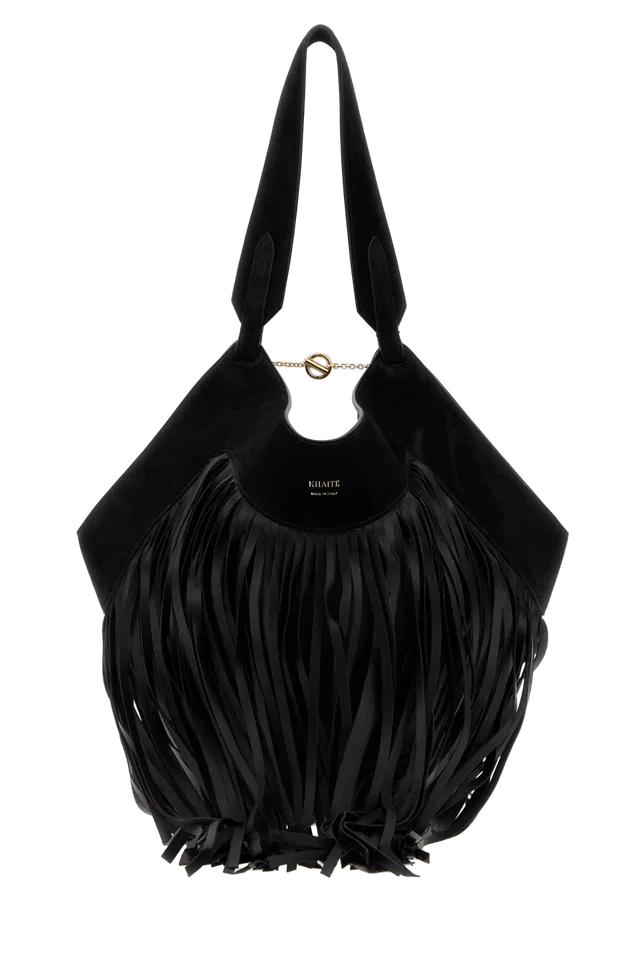 Khaite Fringe Shoulder Bag — Black in Black Calfskin from HEWI