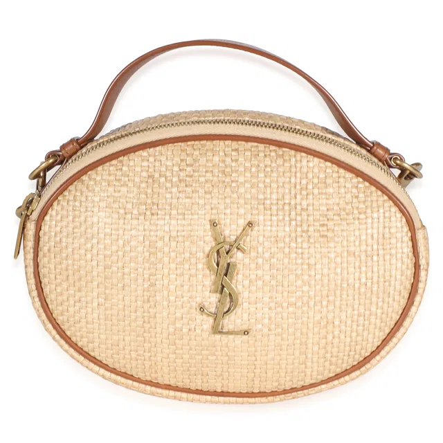 Saint Laurent Beige Raffia Brown Calfskin Round Camera Bag in Brown Calfskin from myGemma