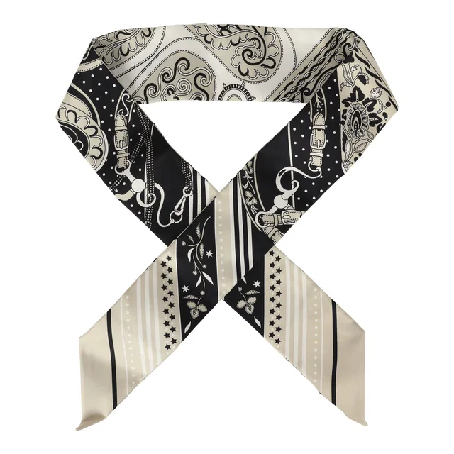 Hermès "Festival Des Amazones" Grege, Black, Blanc Silk Twilly in Black Silk from Madison Avenue Couture