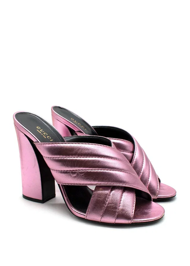Gucci Pink Metallic Leather Sylvie Mules in Pink Leather from HEWI