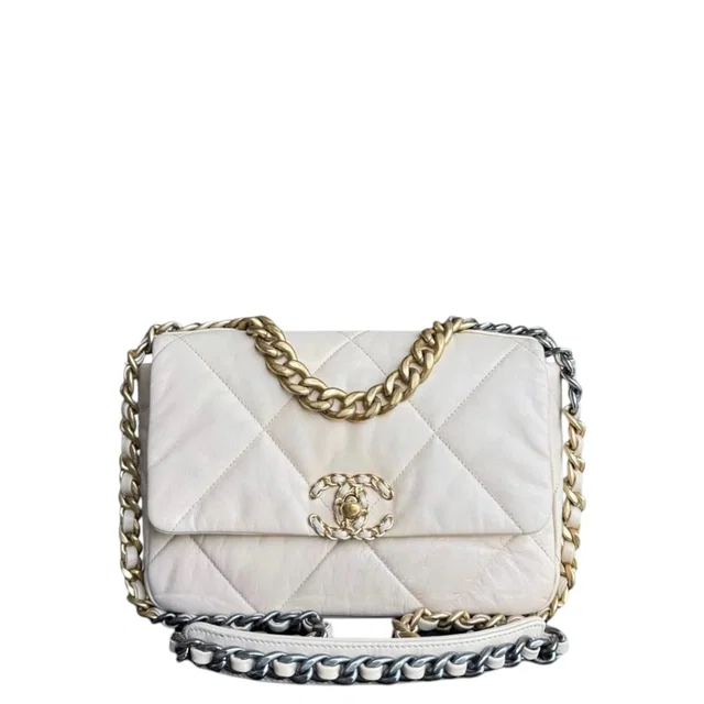 Chanel 19 Bag Small- C19 Quilted Goatskin Light Beige Cream Two-tone Hardware Series 30 in White Goatskin from Luxury Promise