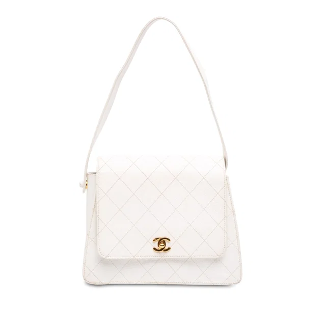 White Chanel CC Quilted Caviar Shoulder Bag in White Caviar leather from Designer Revival