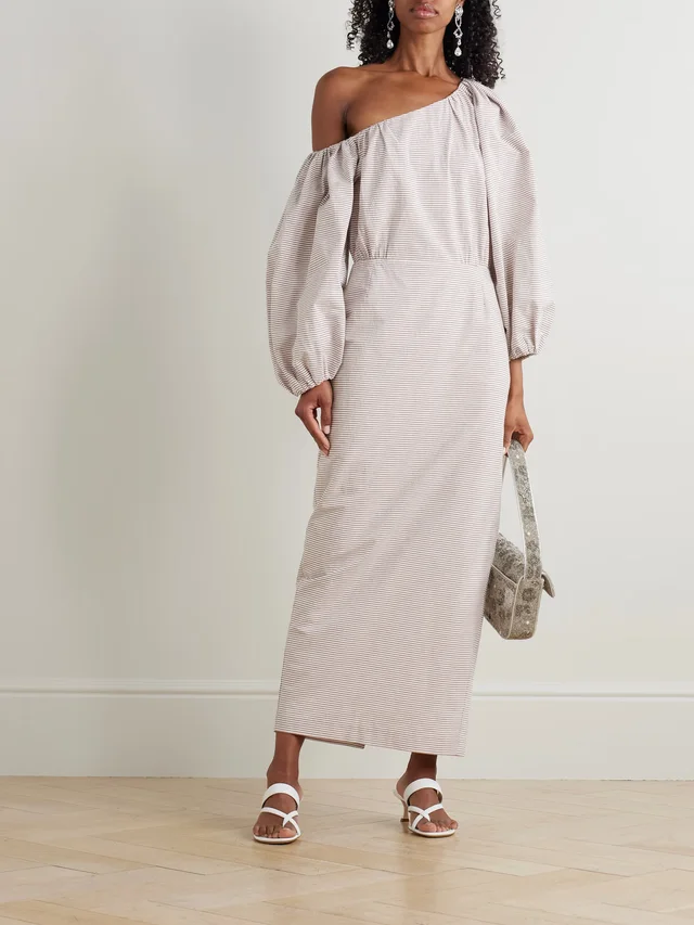 BERNADETTE Cara off-the-shoulder gathered striped cotton-seersucker midi dress in Brown, photo 2 of 2 from NET-A-PORTER (Canada)