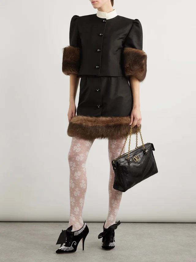 VALENTINO GARAVANI Shearling-trimmed embellished silk mini skirt in Black, photo 2 of 2 from NET-A-PORTER (Canada)