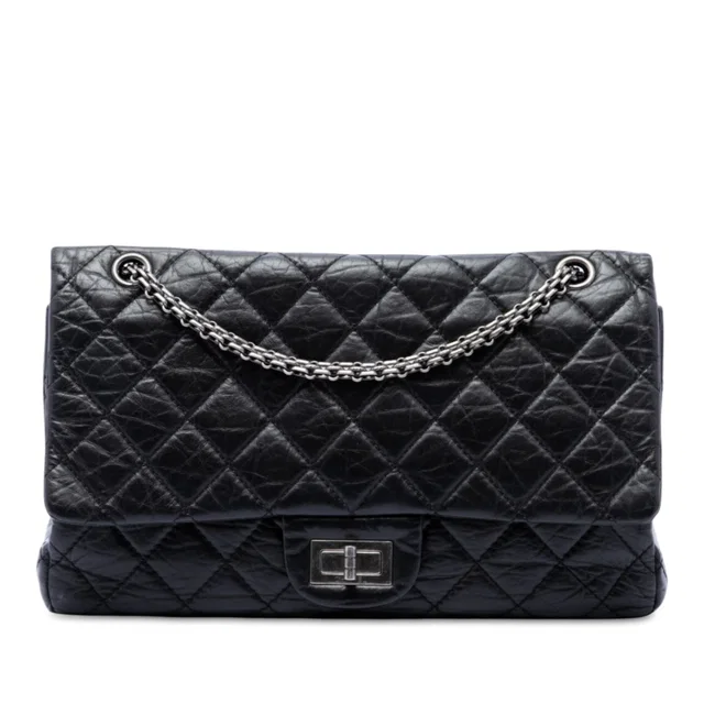 Black Chanel Quilted Aged Calfskin Reissue 2.55 Double Flap 227 Shoulder Bag in Black Calfskin from Designer Revival