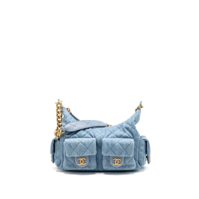 Chanel Trendy Pockets Hobo Bag Washed Denim Blue GHW (Microchip) in Blue Denim from EMIER