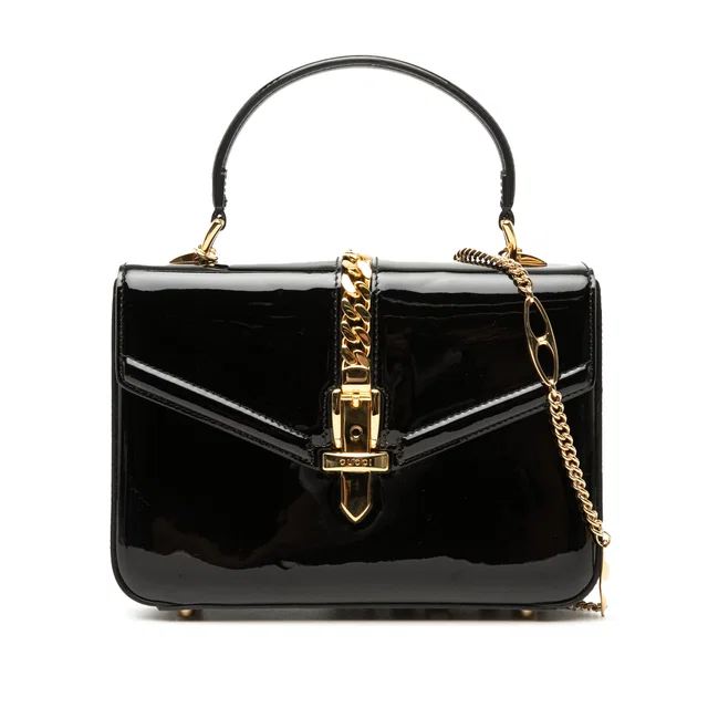 Black Gucci Mini Patent Sylvie 1969 Top Handle Bag Satchel in Black Patent leather from Designer Revival
