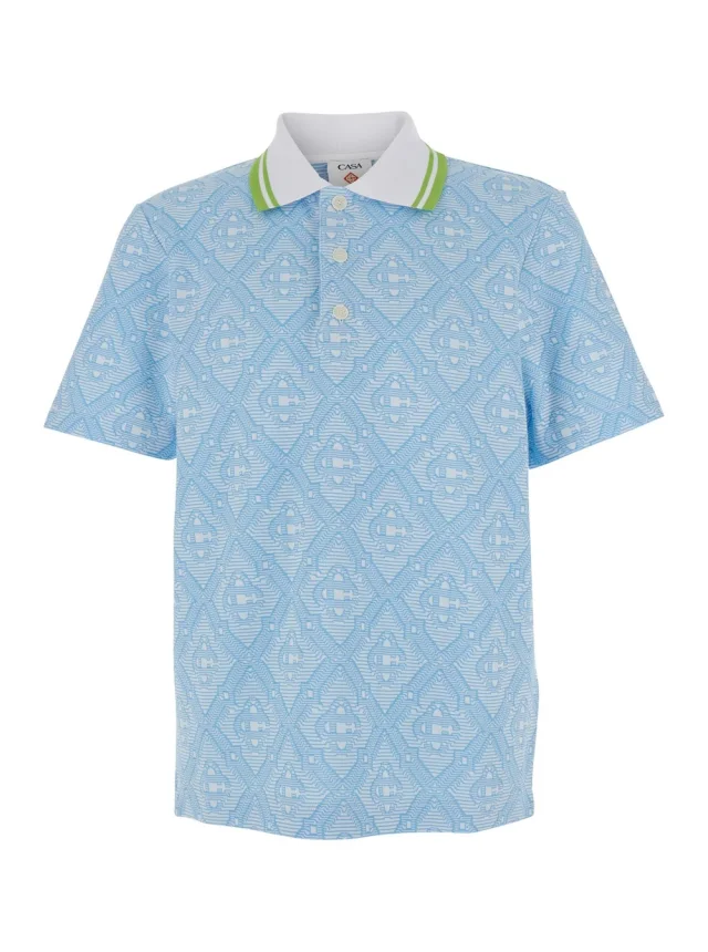 Light-Blue Polo with Bicolor Collar and All-Over Embroidery in Cotton Blend for Men, image 1 of 1 from Gaudenzi Boutique