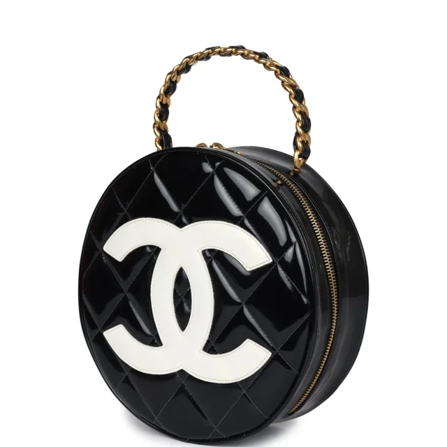 Chanel Vintage Round Vanity Bag Black, White Patent Leather Antique Gold Hardware in Black Patent leather from Madison Avenue Couture, photo 5 of 9