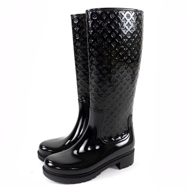 Louis Vuitton Splash Line Monogram Rubber Rain Boots Long Black in Black from The Reluxe
