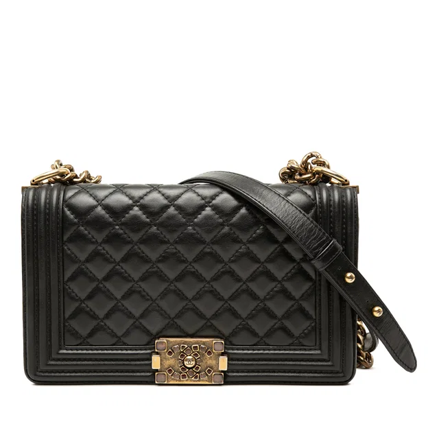 Black Chanel Old Medium Quilted Lambskin Gripoix Boy Flap Crossbody Bag in Black Lambskin from Designer Revival