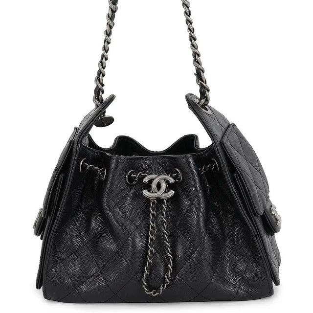 Chanel Chain Shoulder Bag 25 Mini CC Logo Caviar Leather Black in Black Caviar leather from The Reluxe