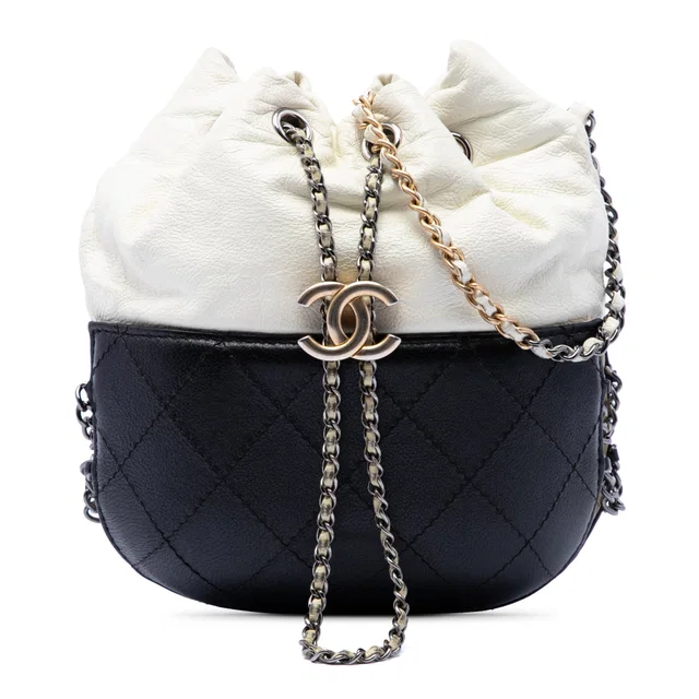 Black Chanel Small Bicolor Quilted Calfskin Gabrielle Bucket Bag in Black Calfskin from Designer Revival