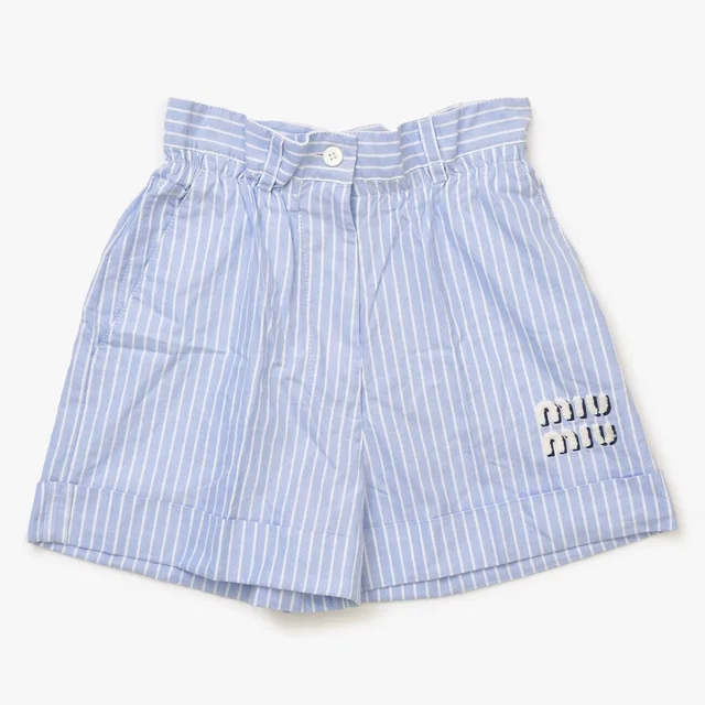 Miu Miu Shorts Striped Logo Patch Blue in Blue from The Reluxe