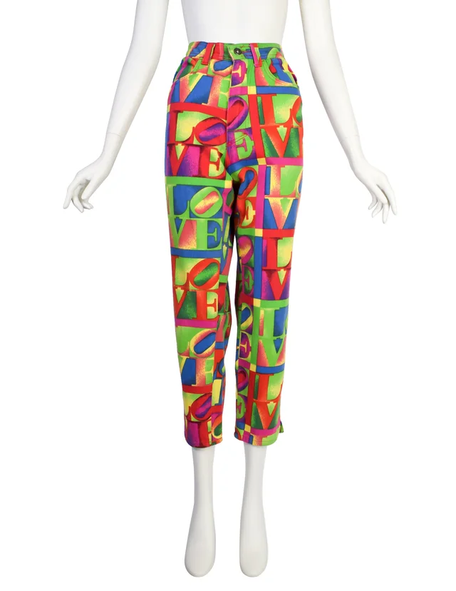 Versace Vintage SS 1995 Iconic Multicolor LOVE Print High Waist Jeans in Multicolor Denim from Amarcord Vintage Fashion