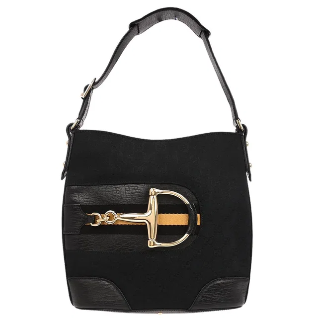 Gucci Black Horsebit GG Shoulder Bag in Black Canvas from AMORE Vintage Tokyo
