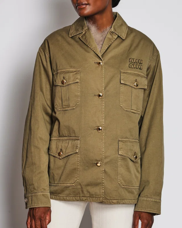 Miu Miu Khaki Button Down Safari Jacket with Logo and Pocket Detail Size IT 40 (UK 8) in Green from Sellier