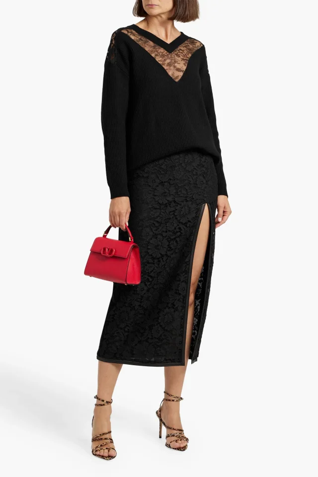Valentino Garavani Leather-Trimmed Corded Lace Midi Skirt in Black, photo 2 of 4 from THE OUTNET