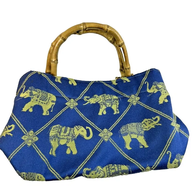 FRED Vintage Elephant Woven Jacquard Blue Mini Tote Bamboo Handle Purse Nwot in red|neutral|gold|green|blue|brown Woven leather from Poshmark
