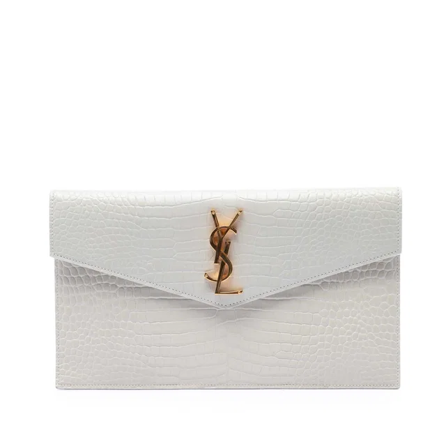 White Saint Laurent Croc Embossed Leather Uptown Pouch Clutch Bag in White Crocodile from Designer Revival