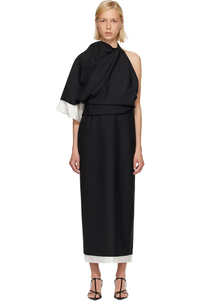 Róhe Black & White Draped Open Back Midi Dress, image 1 of 1 from SSENSE