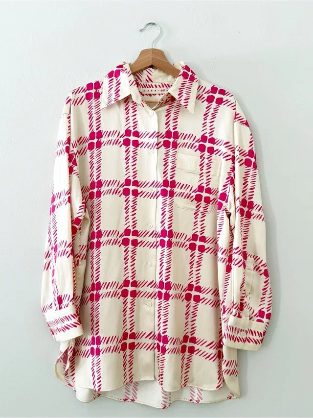 Marni Uniqlo Shirt Tunic Off White Pink Plaid Oversized Satin Button Up Small. I in pink Satin from Poshmark