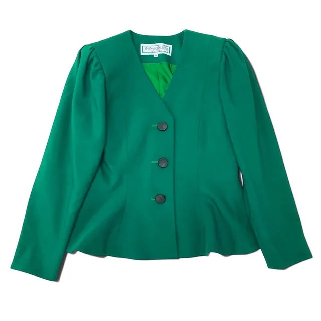 Saint Laurent Collarless Jacket Green in Green from The Reluxe