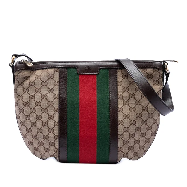 Beige Gucci Medium GG Canvas Web Half Moon Crossbody in Beige Canvas from Designer Revival