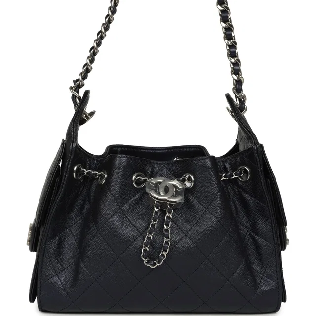 Chanel Mini 25 Hobo Bag Dark Blue Metallic Caviar Silver Hardware in Blue Caviar leather from Madison Avenue Couture