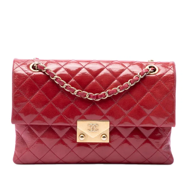 Red Chanel Quilted Patent Goatskin Pagoda Accordion Flap Shoulder Bag in Red Goatskin from Designer Revival