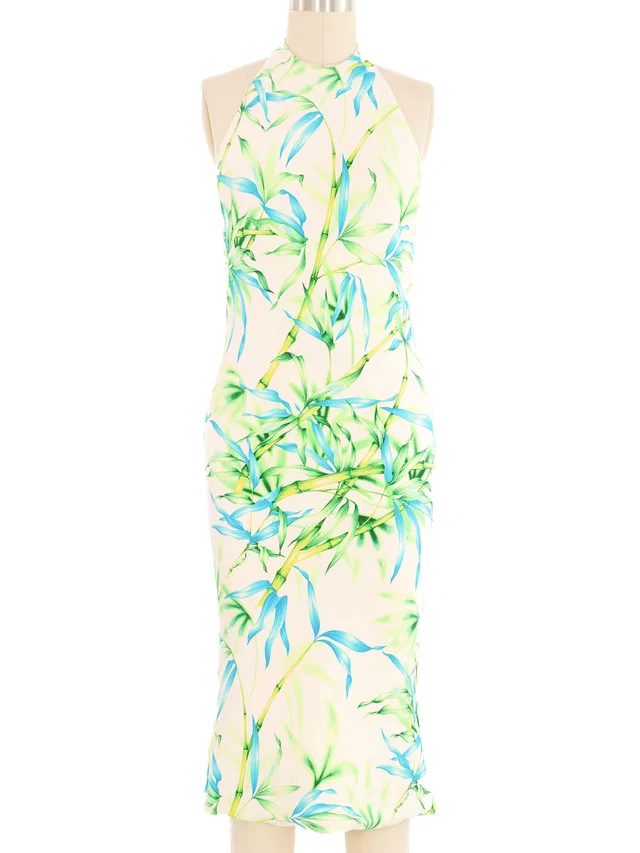 2000 Gianni Versace Bamboo Print Halter Dress in Silk from Arcade Vintage