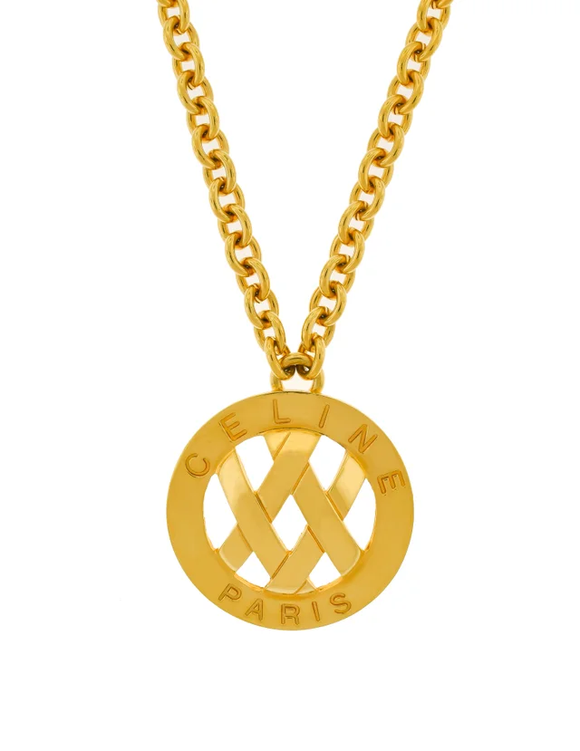 Vintage Gold Oversized Celine Paris Pendant Chain Necklace in Gold Woven leather from Amarcord Vintage Fashion