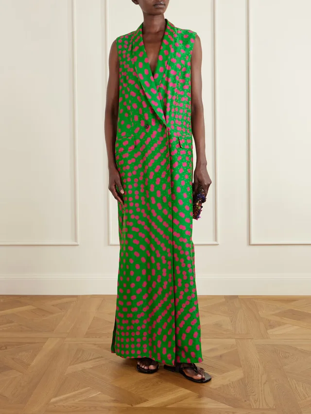 DRIES VAN NOTEN Polka-dot satin-jacquard long coat in Green, photo 2 of 2 from NET-A-PORTER (Canada)