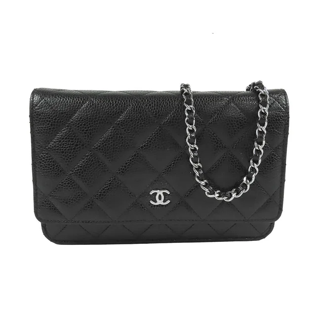 Chanel Chain Wallet Black Silver Caviar Leather Quilted Pochette Shoulder Bag in Black Caviar leather from The Reluxe