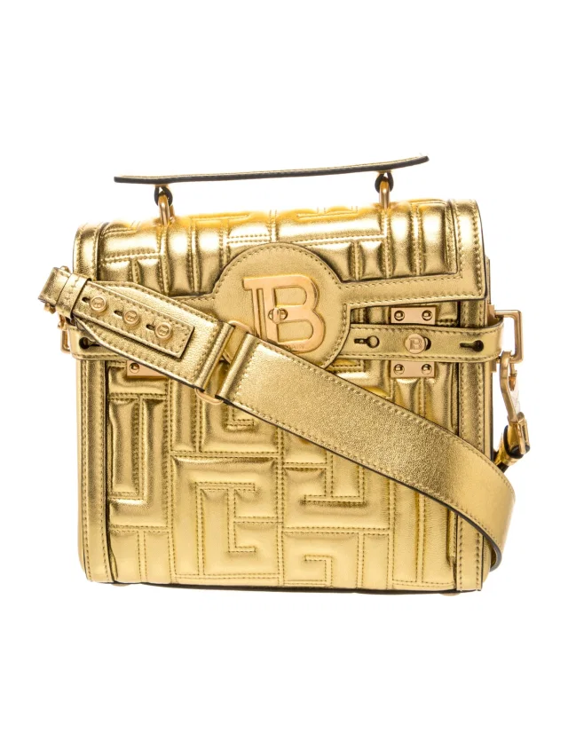 Balmain Quilted Top Handle Bag in gold Suede from The RealReal