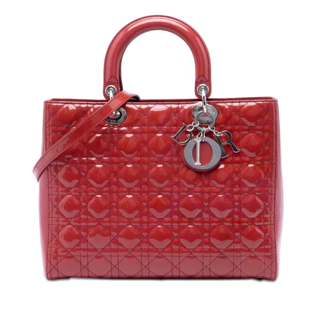Red Dior Large Patent Cannage Lady Dior Satchel in Red Patent leather from Designer Revival