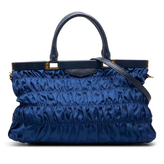Blue Prada Tessuto Gaufre Frame Satchel in Blue Nylon from Designer Revival