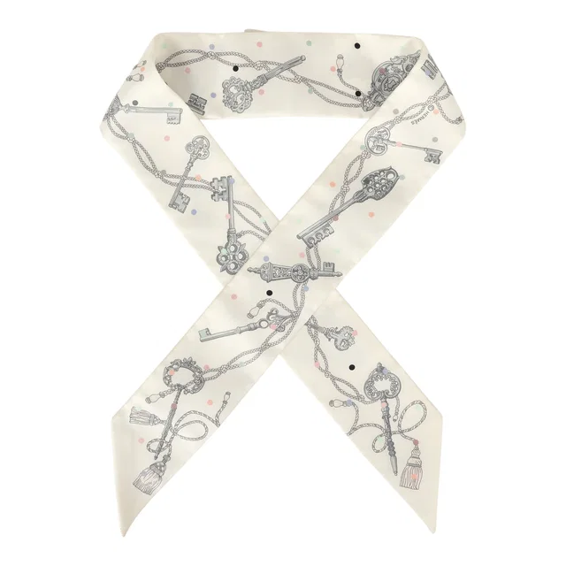 Hermès "Les Cles a Pois" White, Gris Acier, Multicolore Silk Twilly in White Silk from Madison Avenue Couture