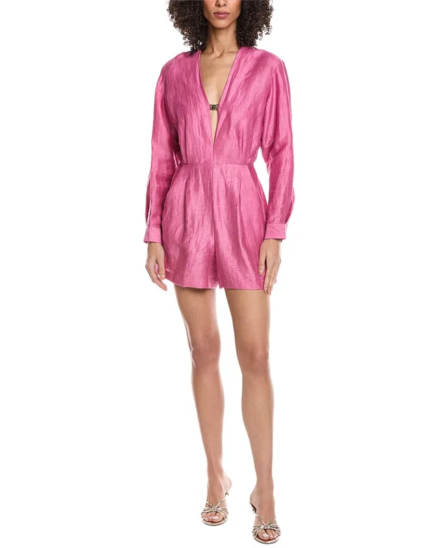 Maje Linen-Blend V-Neck Romper in https://asset1.ruecdn.com/images/sw/105045/1050450145_RLSW_pink.jpg, image 1 of 1 from Gilt
