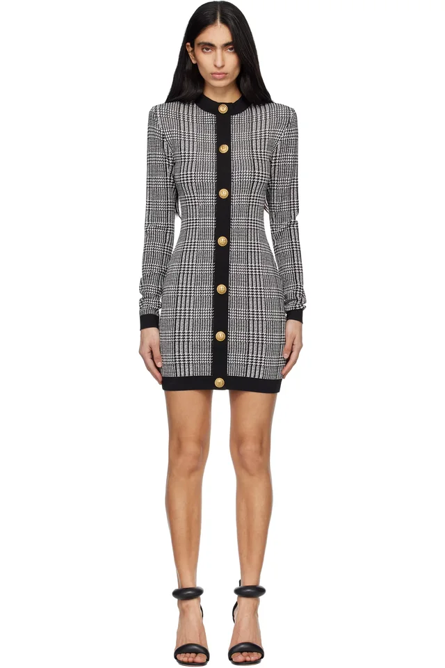 Black & White Long Sleeve Prince Of Wales Minidress, image 1 of 1 from SSENSE