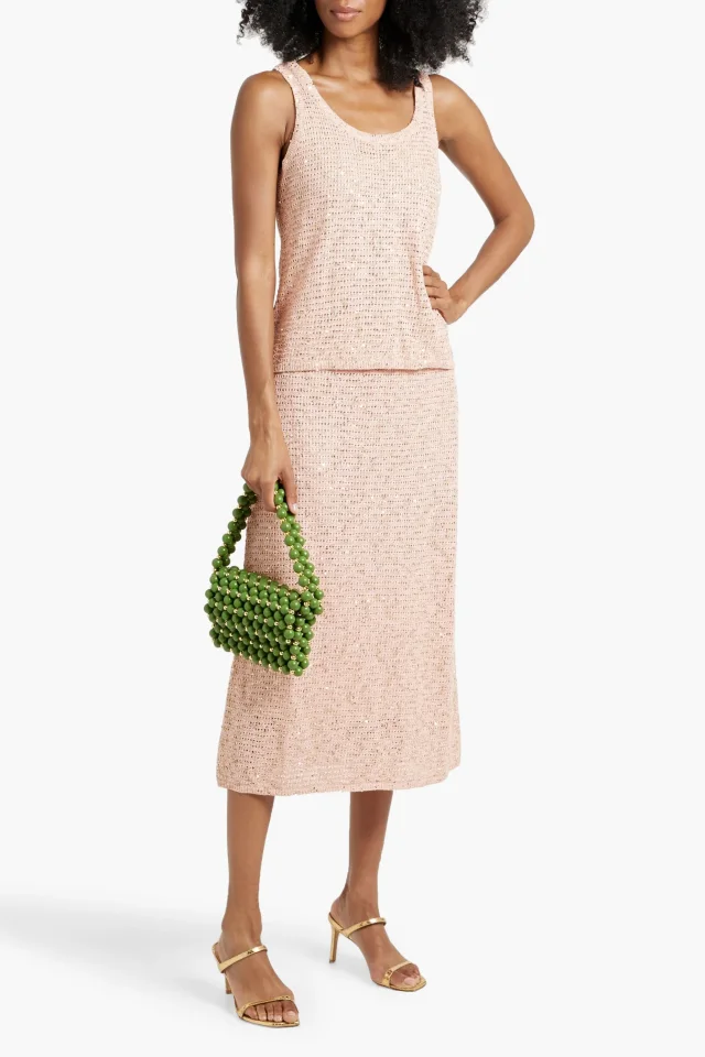 Carolina Herrera Metallic Embellished Pointelle-Knit Cotton-Blend Midi Skirt in Pink, photo 2 of 4 from THE OUTNET